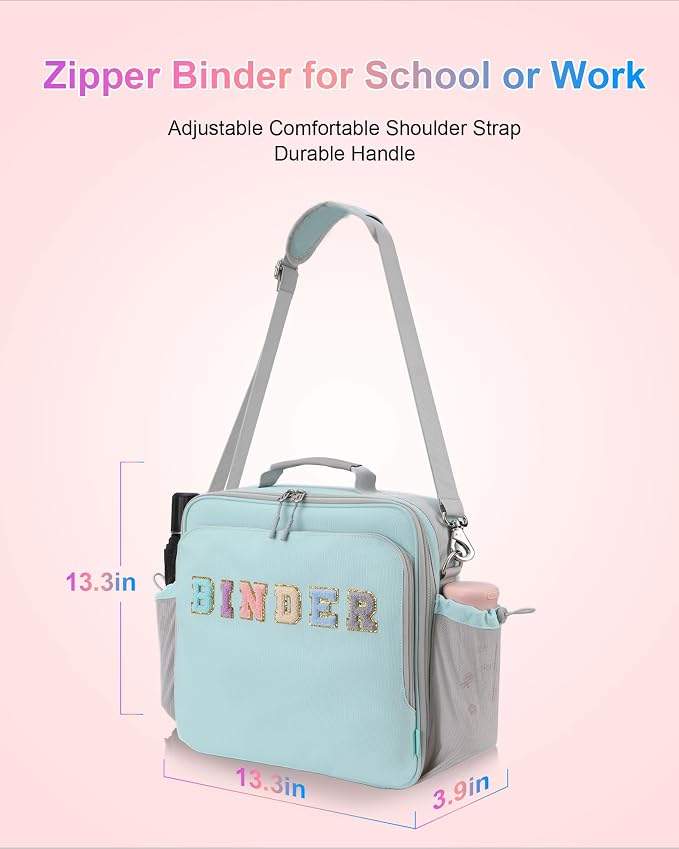 3 Ring Zipper Binder 3 Inch D Rings with Double Water Bottle Holder | Cute Initial Water-Resistant Zip Up Binder for School Office, 700-Sheet Capacity & Shoulder Strap & Laptop Pocket,Light Blue