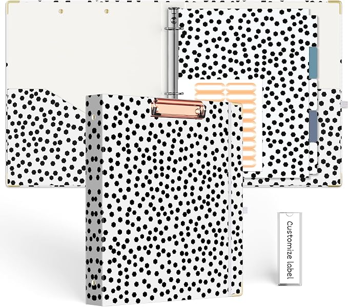 EYROZILL 3 Ring Binder 1 Inch for Letter-Size 8.5" x 11" Paper with 5-Tab Dividers, Cute Three Ring Binder Folders with Profile Clipboard for Women School Office Supplies, Polka Dots