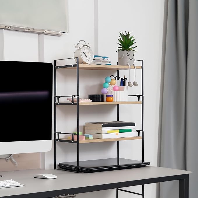 YGYQZ Desk Shelf Organizer for Top of Desk, 3-Tier Desktop Bookshelf, Black & Wood