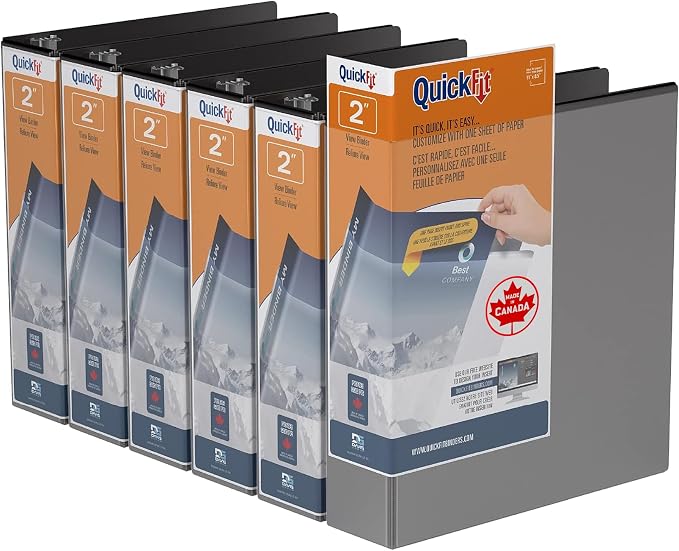 QuickFit View Binder, 3-Ring Binder for School or Office, D Ring, Black, 6 Pack, 2 Inch