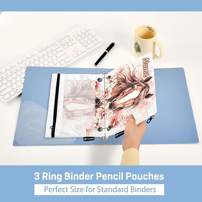 Custom Brown Horse Flower Pencil Pouch for 3 Ring Binder, 2 Pack Personalized Name Waterproof Pencil Bags Clear Window Pencil Case School Office Supplies