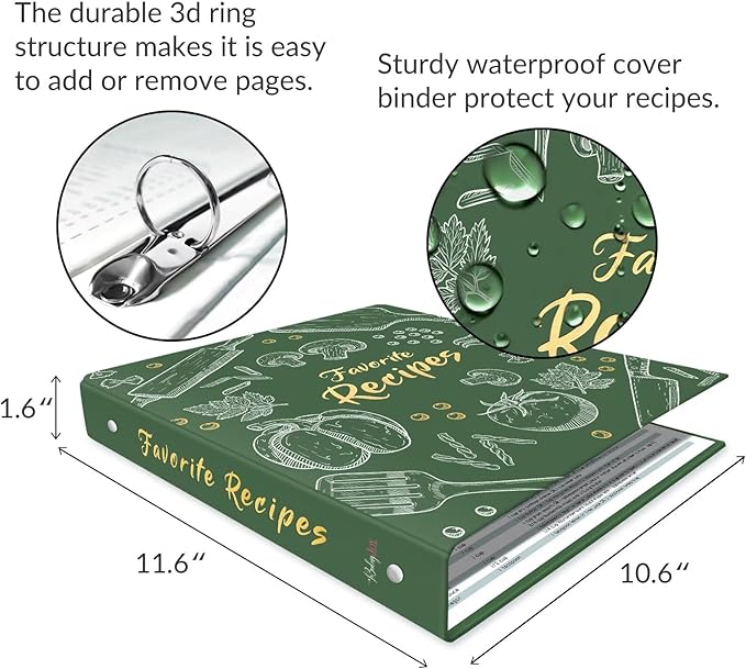 Recipe Binder with Plastic Sleeves, 8.5x11 3 Ring Blank Recipe Book Binder | Premium recipe binder kit with waterproof cover, sleeves, cards, dividers and gift box for preserving recipes-Dark Green.