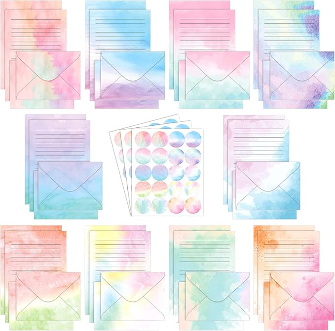 TaoBary 160 Pcs Stationery Paper Set 50 Double Sided Stationery Papers with 50 Matching Envelopes and 60 Round Dot Sticker, 10 Design(Watercolor,5.5 x 8.25 Inch)