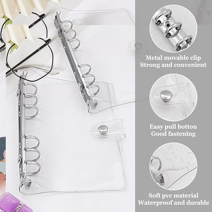 6 Pack PVC A6 Binder Transparent 6 Ring Binder Clear Soft PVC Notebook Cover Budget Planner Folder Cover with Snap Button
