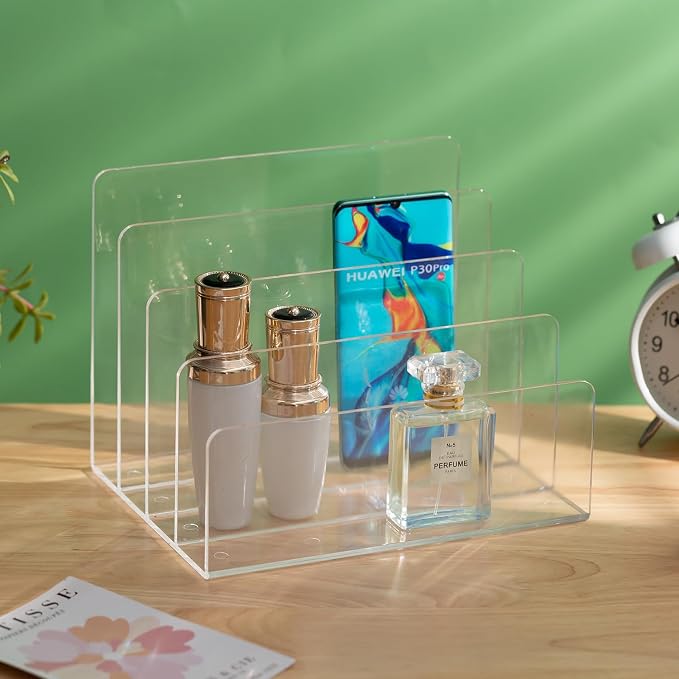 Sooyee Acrylic File Organizer for Desk, Mail Organizer Countertop,Clear | 4-Section File Holder, For Home Office, For Letter, Document, Notebook, Binder, Purse, Palette,Mail,Folder
