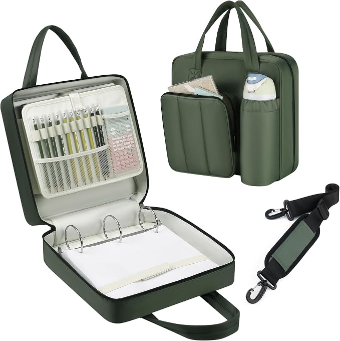Upgraded Zipper Binder | 3-Inch & 2-Inch O-Rings, 600 Sheet Capacity Trapper Keeper with 13 Inch Laptop Sleeve & Water Bottle Holder, Binder Bag with Multi-Pockets & Shoulder Strap (Retro Green)