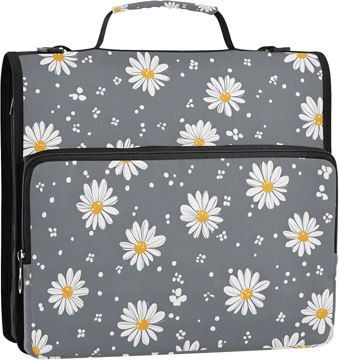 3 D-Ring Zipper Binder Bag, White Daisy Dots Grey Pattern Removable Binder with Zipper Case Hold 300+ Sheets& 13 Inch Laptop for School Office Supplies Organizer