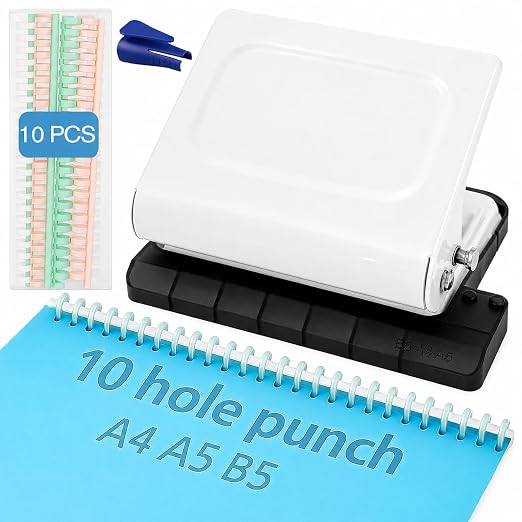 10 Hole Punch Binding Machine Kit for Planner (White) with 10 Multi-Color Spiral Coils, Adjustable A4 A5 B5 Paper Puncher, DIY Notebook Scrapbook Maker for Home Office School Organization