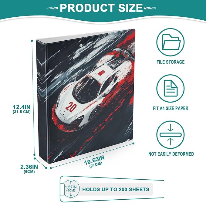 3 Ring Binder Racing Car Truck 1.5" Round Ring Binders View Binder with 200 Sheet for Kids School Supplies Women Men Office, 1 Pack
