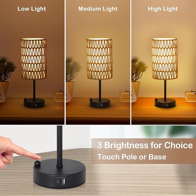 Touch Table Lamp Set of 2 For Bedroom with Bulb, Boho Small Desk Lamp For Living Room With Rattan & Linen Shade, 3 Way Dimmable Bedside Table Lamp For Nightstand With USB Charging Port & Phone Stand