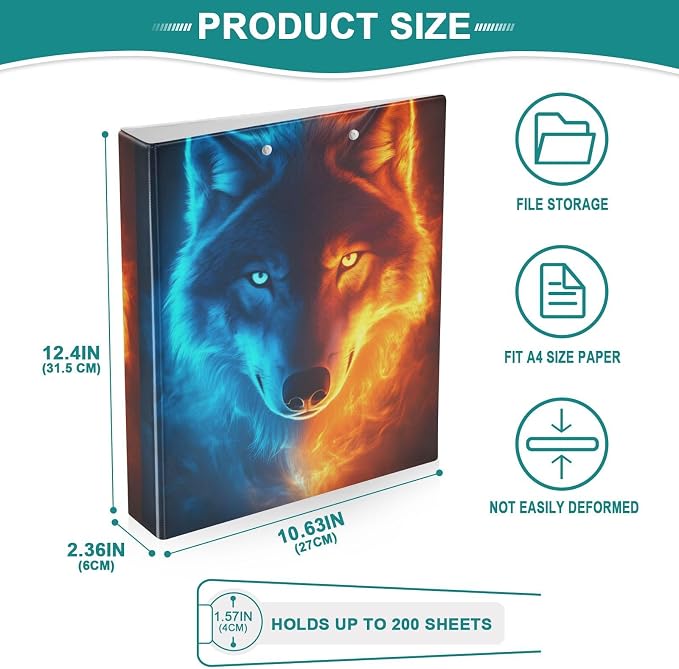 Aslsiy Kids 3 Ring Binder 1.5 Inch Water and Fire Wolf (4) Girls Round Clipboard Binder Decorative Harcover Binders Organizer for Office School Supply