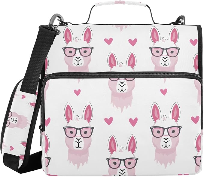 Funny Llamas Pink Glasses Zipper Binder Bag 3 Ring Binder with Shoulder Strap Zip Up 500 Sheets Capacity Multi Pockets for School Office Supplies