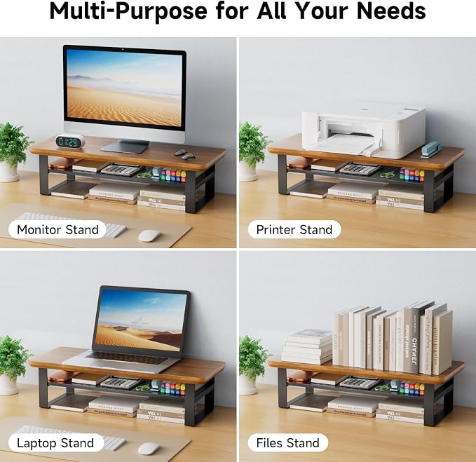 Monitor Stand Riser, 24 Inch Computer Monitor Stand for Desk, 2-Tier Wood Desk Shelf Organizer with Storage, Desktop Stand for Laptop/Screen/PC/Printer, Ergonomic Home Office Monitor Stand