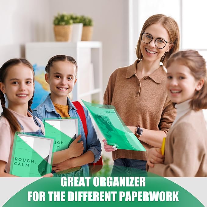 Seajan 48 Pcs Pocket Folders for 3 Ring Binder Clear Plastic Folders Sleeves with 2 Pockets 3 Hole Punch Binder Dividers Poly Slash File Jackets for Office School Document Organizer (Green)