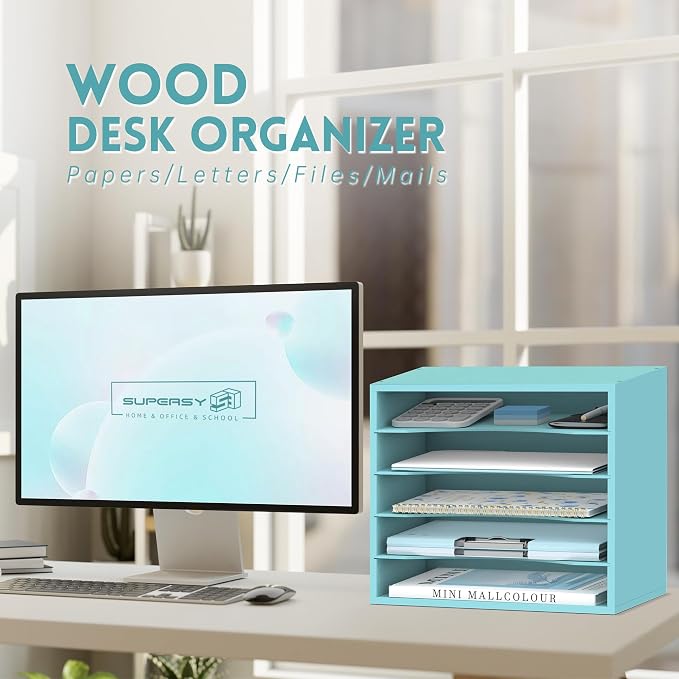 5 Tier Wood Desk Organizer, Mail Sorter and Paper Organizer for Desk, Blue | Wooden Desktop Organizer for Sorting Papers, Letters and Mails, Literature Organizer for Home Office, Classroom Organization