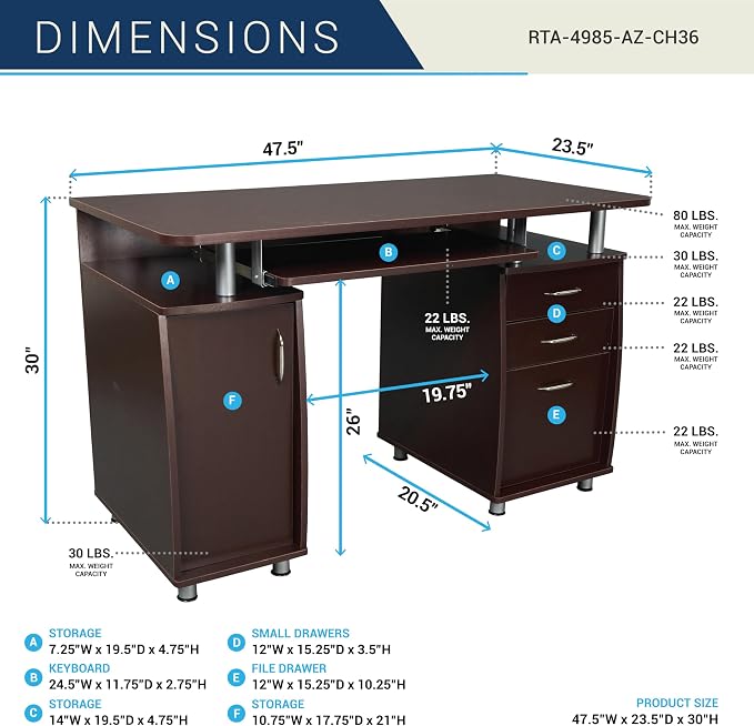 Techni Mobili 48''W Computer Desk with File Cabinet & Drawers, Brown | Home Office, Keyboard Tray, Storage, Computer Workstation, Ideal for home office, Workspace organization