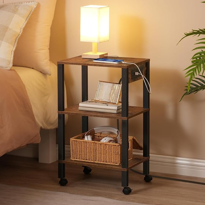 HOOBRO 3-Tier Printer Stand with Charging Station, Under Desk Printer Table, Printer Cart with Storage Shelves, Shelf for Small Spaces, for Home Office, Rustic Brown and Black BF63UPS01