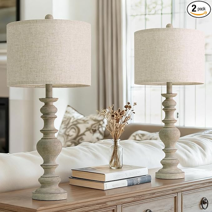 BOBOMOMO 27" Antique Gray Table Lamps Set of 2, Large Farmhouse Resin Lamps with Linen Shades, Vintage Gray Lamps for Living Room, Bedroom, or Console Table Rustic Traditional Décor