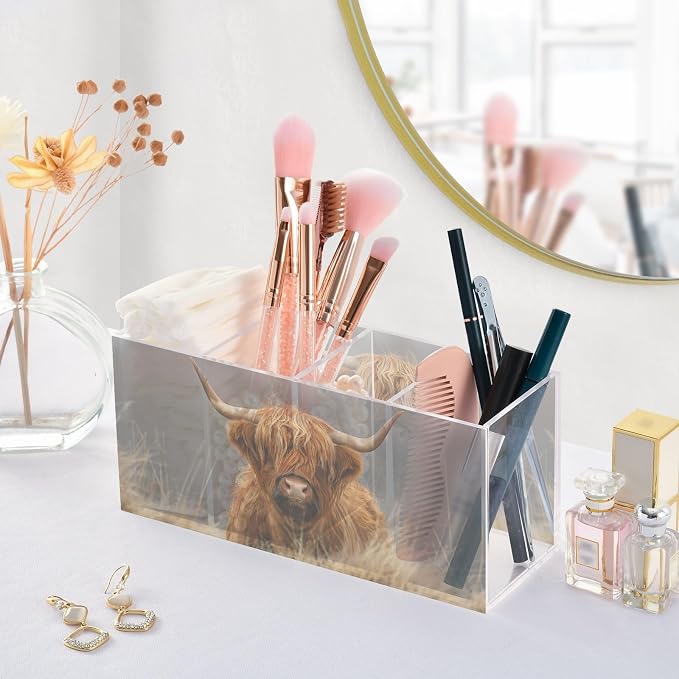 Highland Cow Cattle Acrylic Pencil Pen Holder Desk Accessories Holder, Cosmetic Brush Organizer Modern Design Desktop Stationery Organizer for Office School and Home 7.87 x 2.48 x 3.54 In