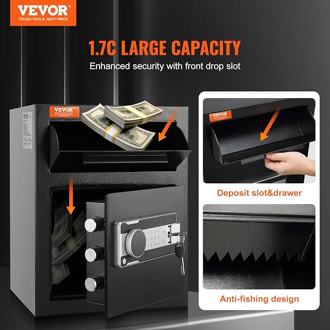 VEVOR 1.7 Cub Depository Safe, Deposit Safe with Drop Slot, Electronic Code Lock and 2 Emergency Keys, 13.77''x11.81''x17.71'' Business Drop Slot Safe for Cash, Mail in Home, Hotel, Office