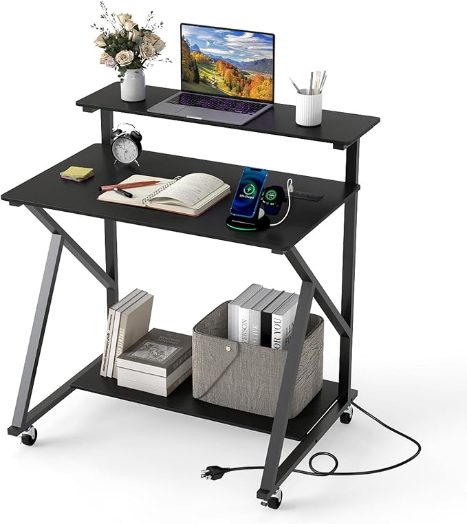 GIANTEX Rolling Small Desk with Storage, Compact Computer Desk for Small Spaces with Charging Station, Monitor Stand, Lockable Wheels, Study Writing Desk for Home Office, Bedroom (Black)