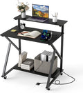 GIANTEX Rolling Small Desk with Storage, Compact Computer Desk for Small Spaces with Charging Station, Monitor Stand, Lockable Wheels, Study Writing Desk for Home Office, Bedroom (Black)