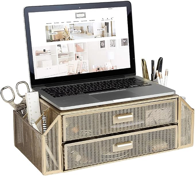 BLU MONACO | Monitor Stand with Drawer Storage | Desk Top Monitor Stand Riser Gold | Computer Support Organizer Elevador de Monitor