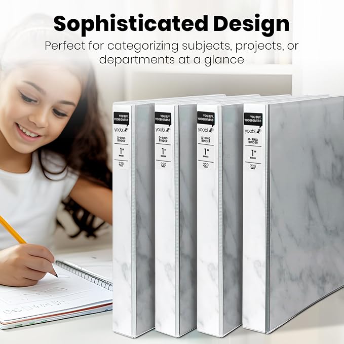 Yoobi 1 Inch Marble Gray 3-Ring Binders, PVC-Free, 220 Sheets, 4-Pack | 8-Tab Design, Sturdy Poly Construction, Blank Sticky Labels Included, 4-Pack