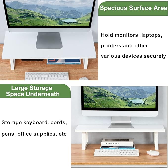 TEAMIX 24 inch Monitor Riser for Desk, Wood & Steel Computer/TV Stand White | Laptop, PC, Printer Stand Riser, Holds 150lbs, Desktop Organizer, Keyboard Storage, for Office, Home, Gaming, Craft Space