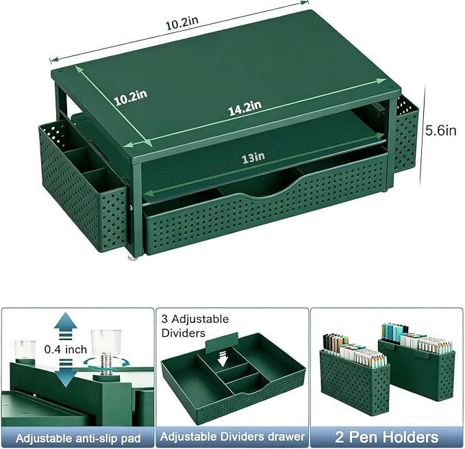 Spacrea Desk Organizer and Accessories, Computer Monitor Stand Riser with Drawer and 2 Pen Holders, Office Desk Accessories & Workspace Organizers for Office Supplies (Dark Green)