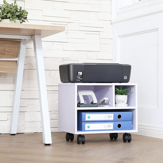 FITUEYES Printer Stand Under Desk, Small Wood Mobile Printer Table, White | Work Cart on Removable Casters, with 3 Storage Organizer Compartments for Home Office, 15.7 in. W x 11.8 in. D x 13.8 in. H