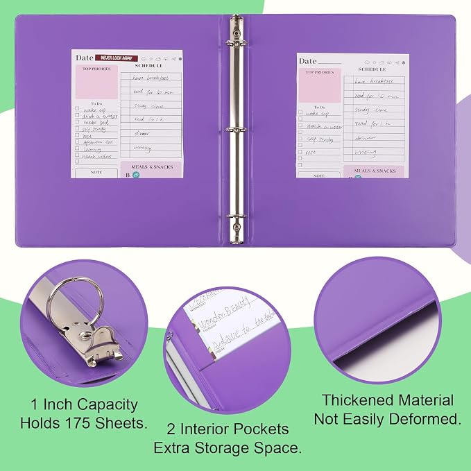 6 Pack 3 Ring Binder, 1 Inch Binder, Round Ring Binders | 2 Interior Pockets & Clear View Overlay, Large Capacity, for Office Supplies, School, Home - 6 Colors, Rainbow Colors