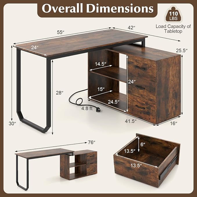 Giantex 55 Inch L-Shaped Desk with Charging Station, Reversible Computer Desk with 3 Drawers, Adjustable Shelf, Large Computer Workstation, Corner Desk for Small Spaces, Home Office (Rustic Brown)