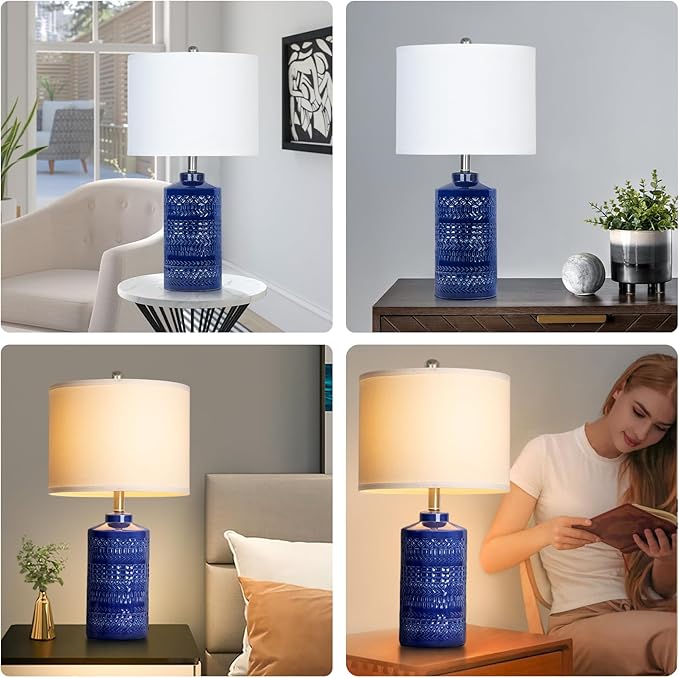 JUNNAI 24.5" Navy Blue Table Lamp Modern Bedside Ceramic Lamps for Living Room 3-Way Dimmable Entryway Nightstand Farmhouse Lamp for Home Office Bedroom, Bulb Included