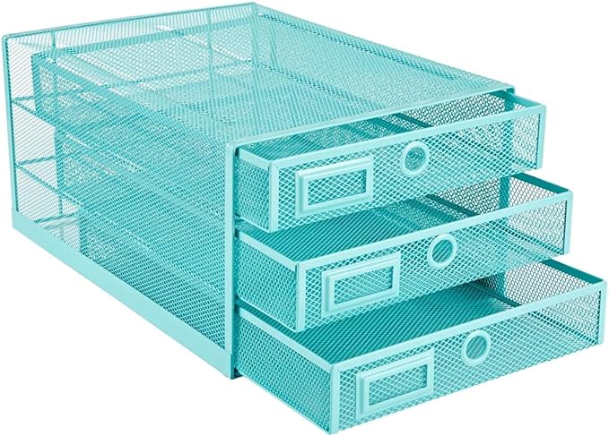 Annova Desk Organizer Wire Mesh 3 Tier Sliding Drawers Paper Sorter/Multifunctional/Premium Solid Construction for Letters, Documents, Mail, Files, Paper, Kids' Art Supplies (Turquoise)