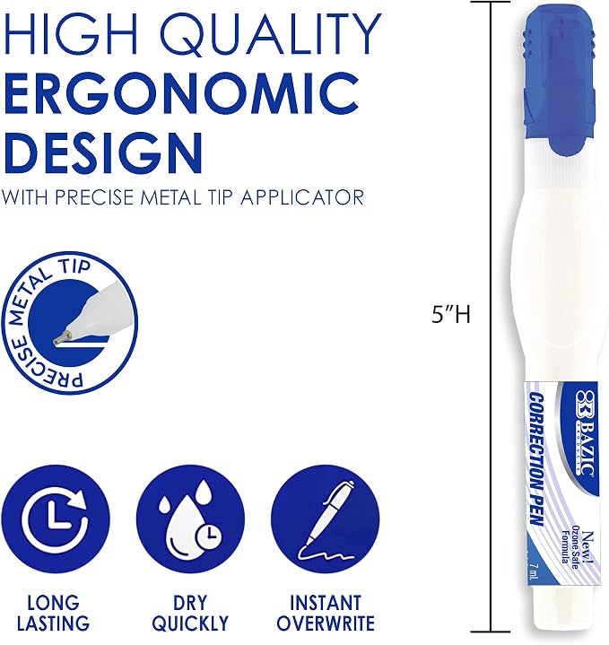 BAZIC Products Correction Pen, Metal Tip, Quick-Dry White, 7mL, 24-Box