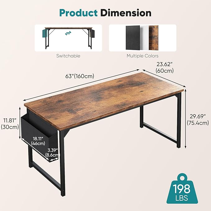 OLIXIS Computer Desk, 63 Inch Gaming Desks for Home Office Small Spaces | Writing Study Craft Work Table, Computer Workstation for Bedroom with Storage Bag, Rustic Brown
