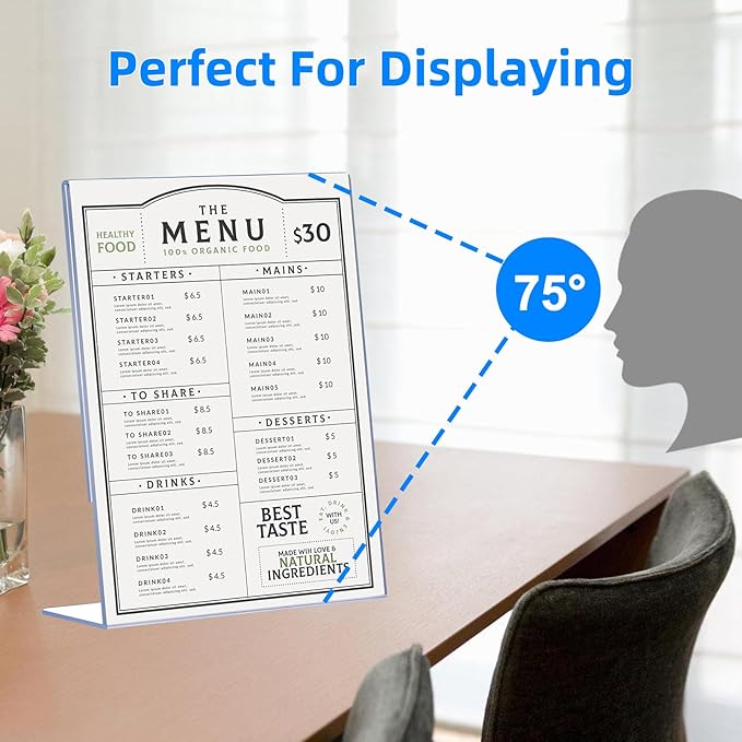 6 Pack Acrylic Sign Holder 8.5 x 11, Clear Plastic Display Stands for Tabletop, L-Shape Acrylic Stands for Flyers, Documents, Office, Restaurants, Vertical Sign Holder 8.5x11 for Desktop
