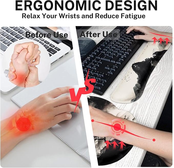 Keyboard Mouse Pad Set, 4 in 1 Desk Mat Set, Black Ink | Landscape Mountain Art Large Mousepad+Keyboard Wrist Rest+Mouse Wrist Rest+Coaster Ergonomic Design for Home Office Computer