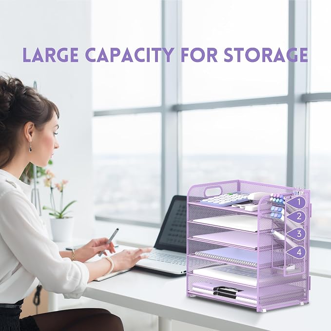6 Tier Desk Organizer with 4 Pen Holders & Mesh Paper Trays Purple | 6 Tiers Paper Organizer, File Organizer Letter Tray with Handle for A4 Files, Folders, Mail and Office Supplies
