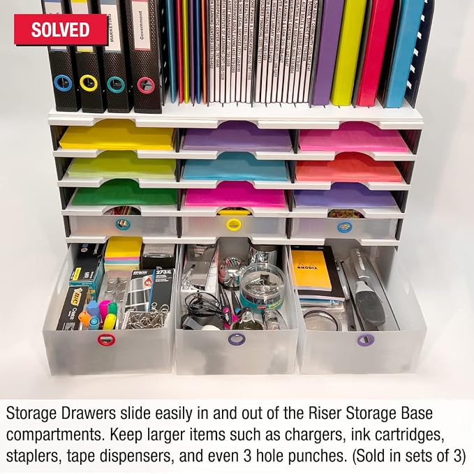 Ultimate Office TierDrop Storage Drawers, 9w x 12d x 4.75h, Set of 3, Clear | Color-coded finger rings for easy access to contents; stores desk accessories and supplies; designed for TierDrop organizers