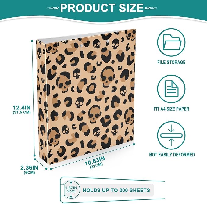 3 Ring Binder Skull Leopard Print 1.5 Inch Three Ring Binder | Cute Binder with 3 Storage Pockets for Women School Office Supplies