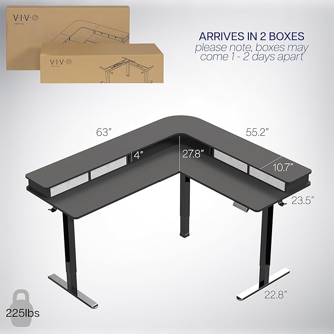 VIVO Electric 2-Tier Corner L-Shaped 63 x 55 inch Standing Desk, Height Adjustable, Memory Controller, Black Top Black Frame, Dark Gray Drawers, DESK-E3CVB