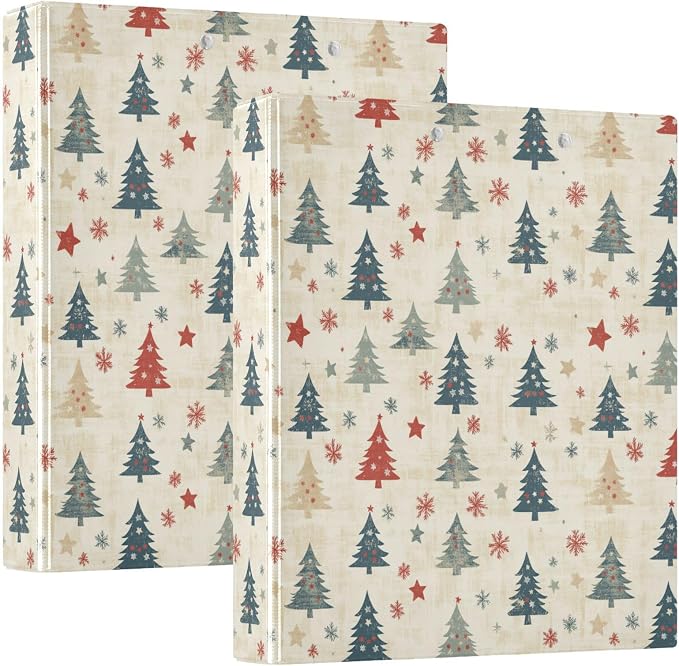 Rustic Christmas Trees Winter Holiday 3 Ring Binder 1.5" Decorative D-Ring Binder with Clipboard&3 Clear Pockets, Holds 200 Sheets A4 Size Paper Waterproof Binders for School Home Office|2 Pack