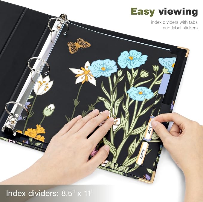 Ospelelf 3 Ring Binder 1.5 Inch, Floral Round Ring Clipboard Binder with 5 Tab Dividers for Letter Size Documents, for School and Office Supplies, Moonlit Blossoms