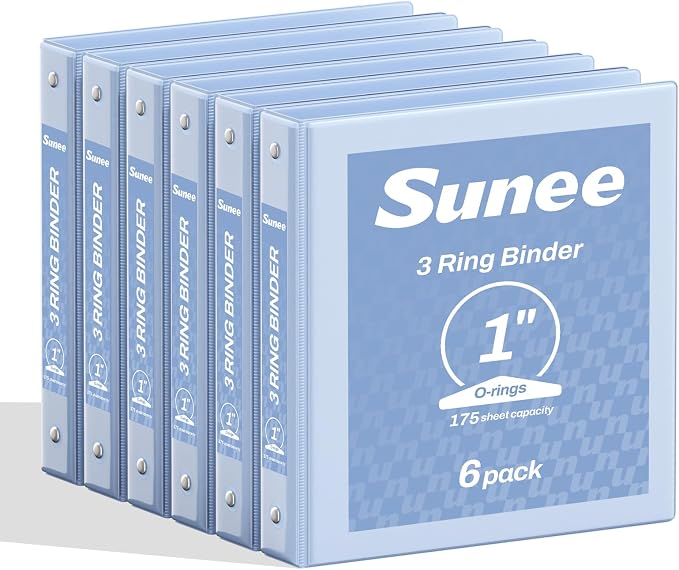 SUNEE 1 Inch Binders 3 Ring 6 Pack, Clear View Three Ring Binder PVC-Free (Fit 8.5x11 Inches) for School or Office Supplies, Haze Blue