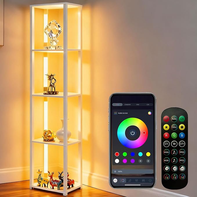 RGBCW Floor Lamp with Shelves, LED Smart Modern Floor Lamp with Music Sync, Color Changing Corner Display Shelf Lamp, Standing Lamp with Shelves for Living Room and Bedroom, Office, White