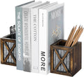 MyGift Rustic Bookends with Pen Holder, Wood & Metal Desk Organizer | Keeps books upright while built-in compartments organize pens, pencils, and desk essentials for work or study spaces