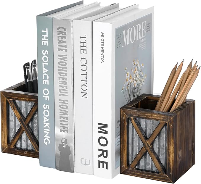MyGift Rustic Bookends with Pen Holder, Wood & Metal Desk Organizer | Keeps books upright while built-in compartments organize pens, pencils, and desk essentials for work or study spaces