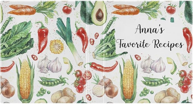 Personalized Recipe Binder 8.5x11 3 Ring Custome Name Binder Customized Cook Book Binders with Clipboard&Pockets Large Recipe Organizer for Kitchen, Recipes, Family-Watercolor Vegetable Spices